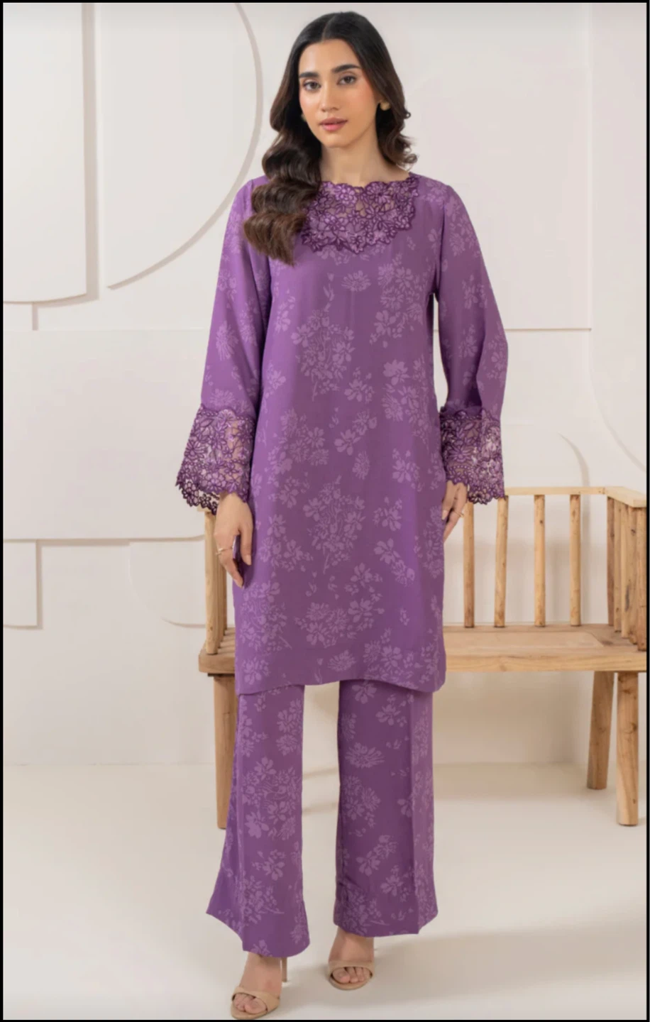 Purple Floral Print Kurti and Pants Set