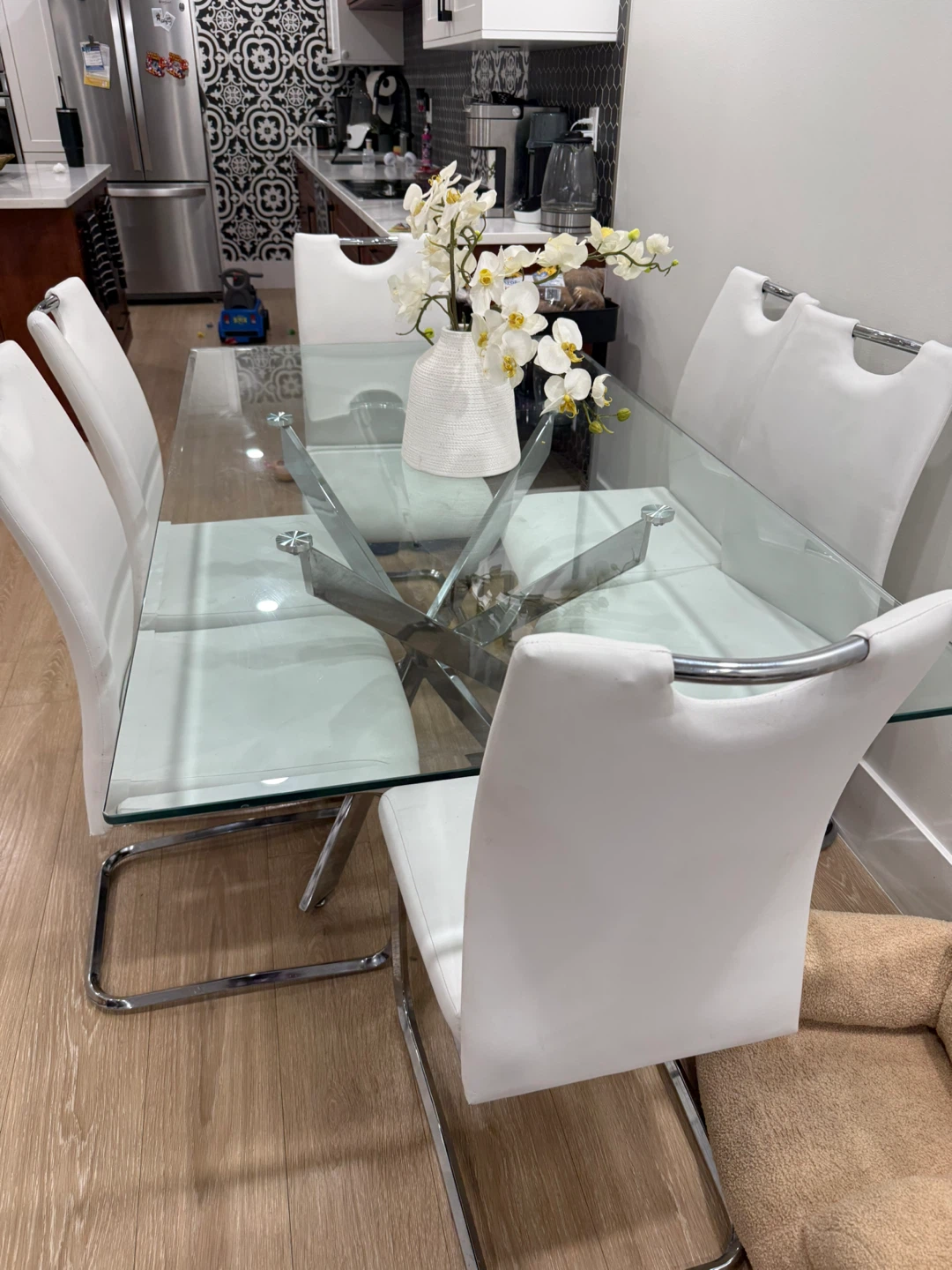 Glass Dining Table Set with 6 White Chairs