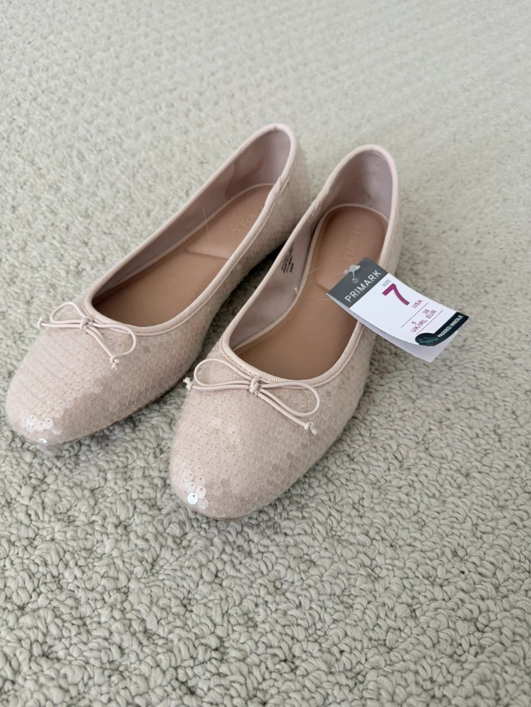 Primark Women's Ballet Flats Size 7 Blush Sequined Bow