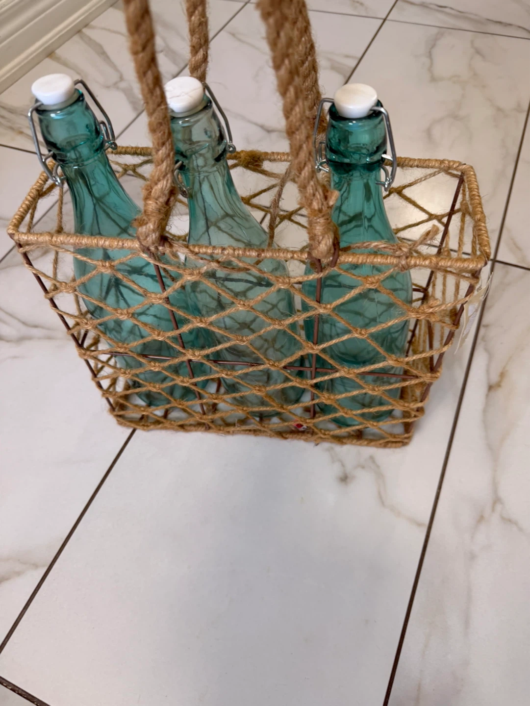 Set of 3 Teal Glass Swing Top Bottles with Woven Carrier - photo 4