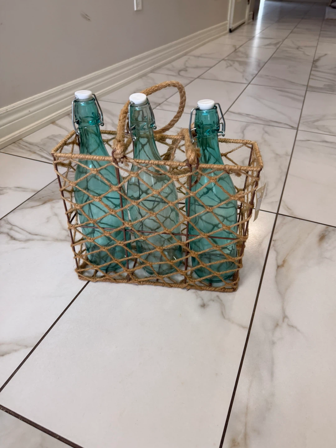 Set of 3 Teal Glass Swing Top Bottles with Woven Carrier