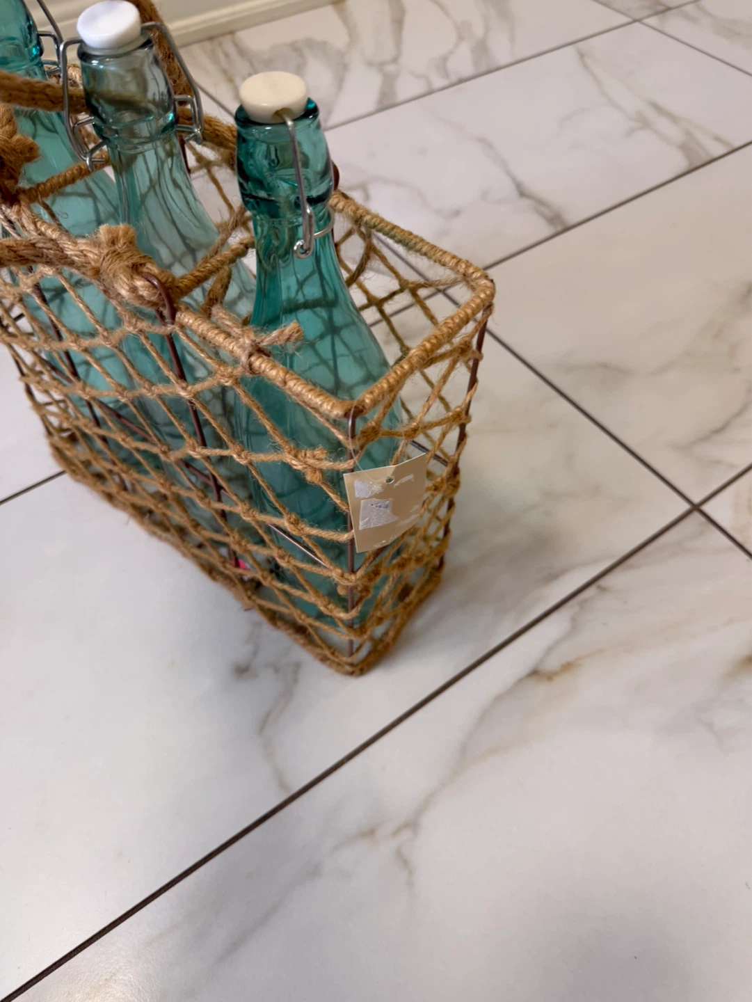 Set of 3 Teal Glass Swing Top Bottles with Woven Carrier - photo 5