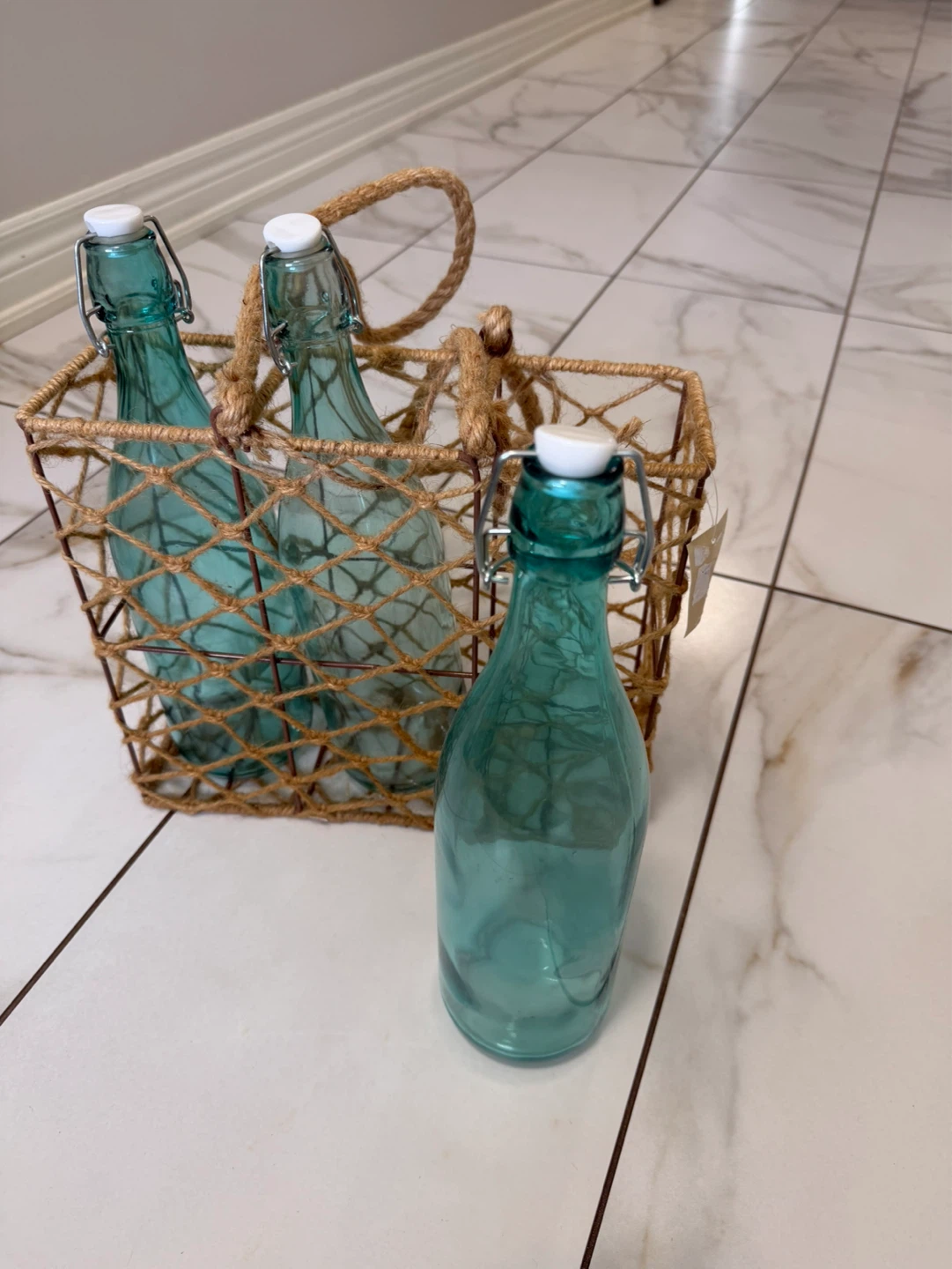 Set of 3 Teal Glass Swing Top Bottles with Woven Carrier - photo 2