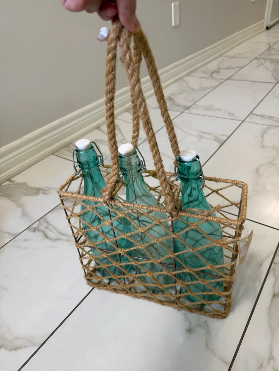 Set of 3 Teal Glass Swing Top Bottles with Woven Carrier - photo 3