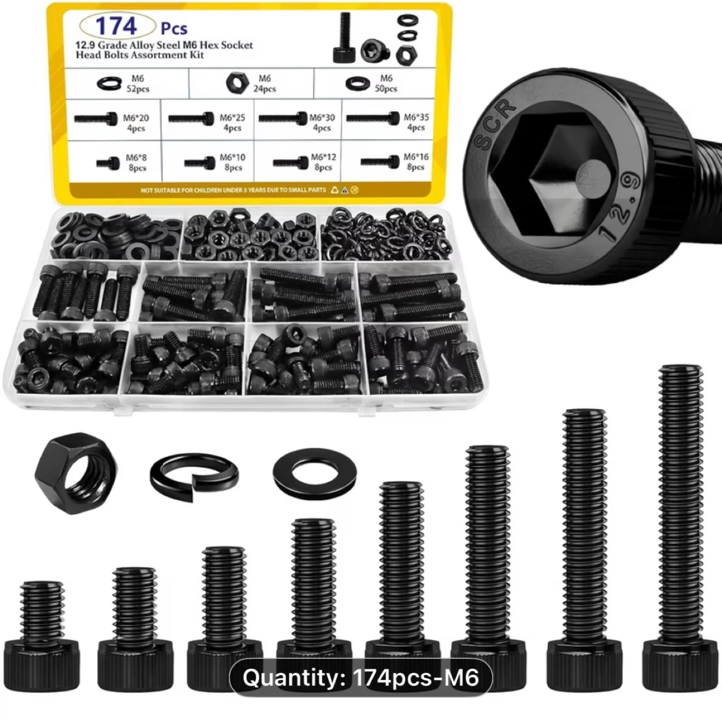 174pcs M6 Hex Socket Head Cap Bolt, Nut & Washer Assortment Kit