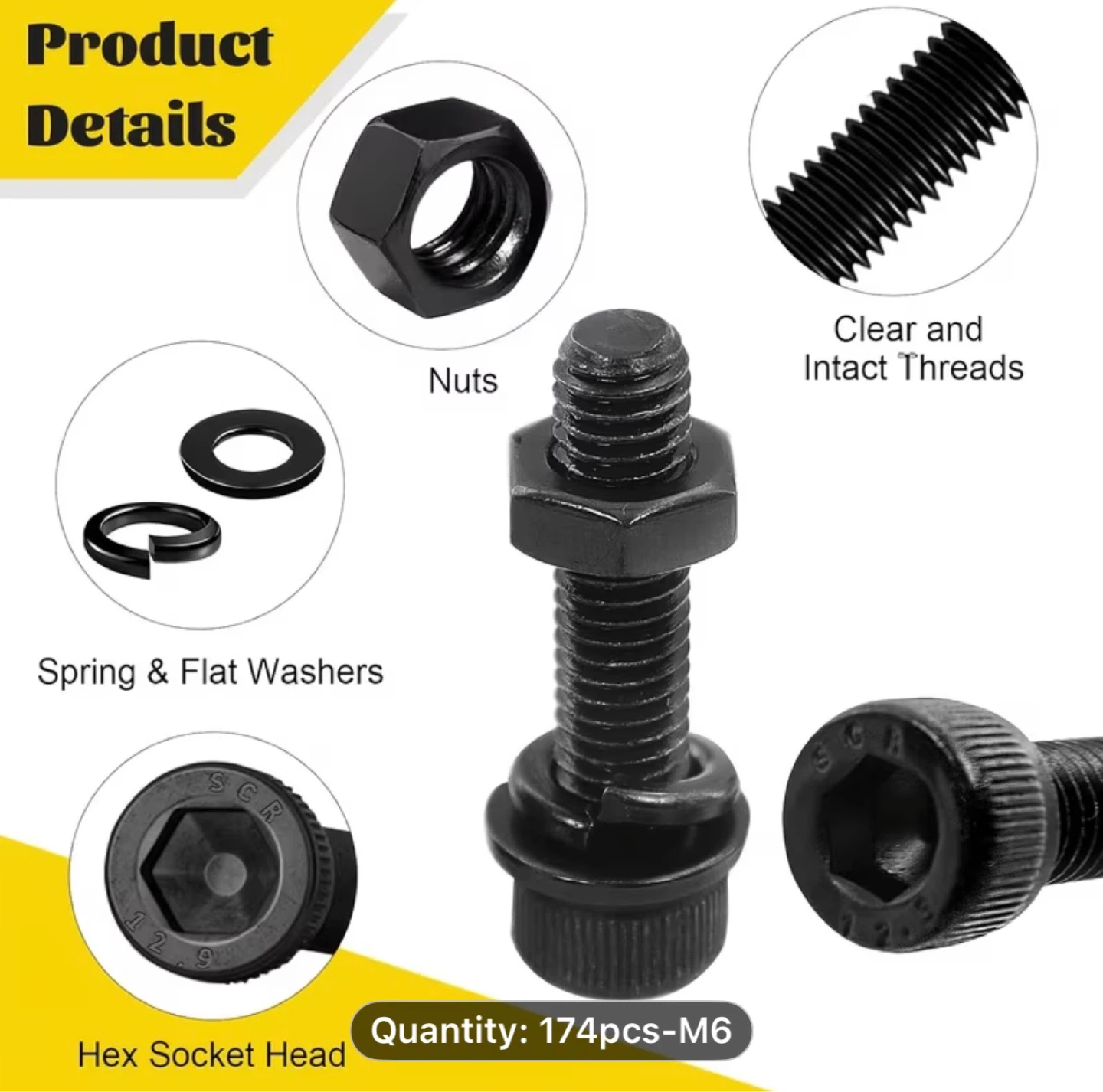 174pcs M6 Hex Socket Head Cap Bolt, Nut & Washer Assortment Kit - photo 4