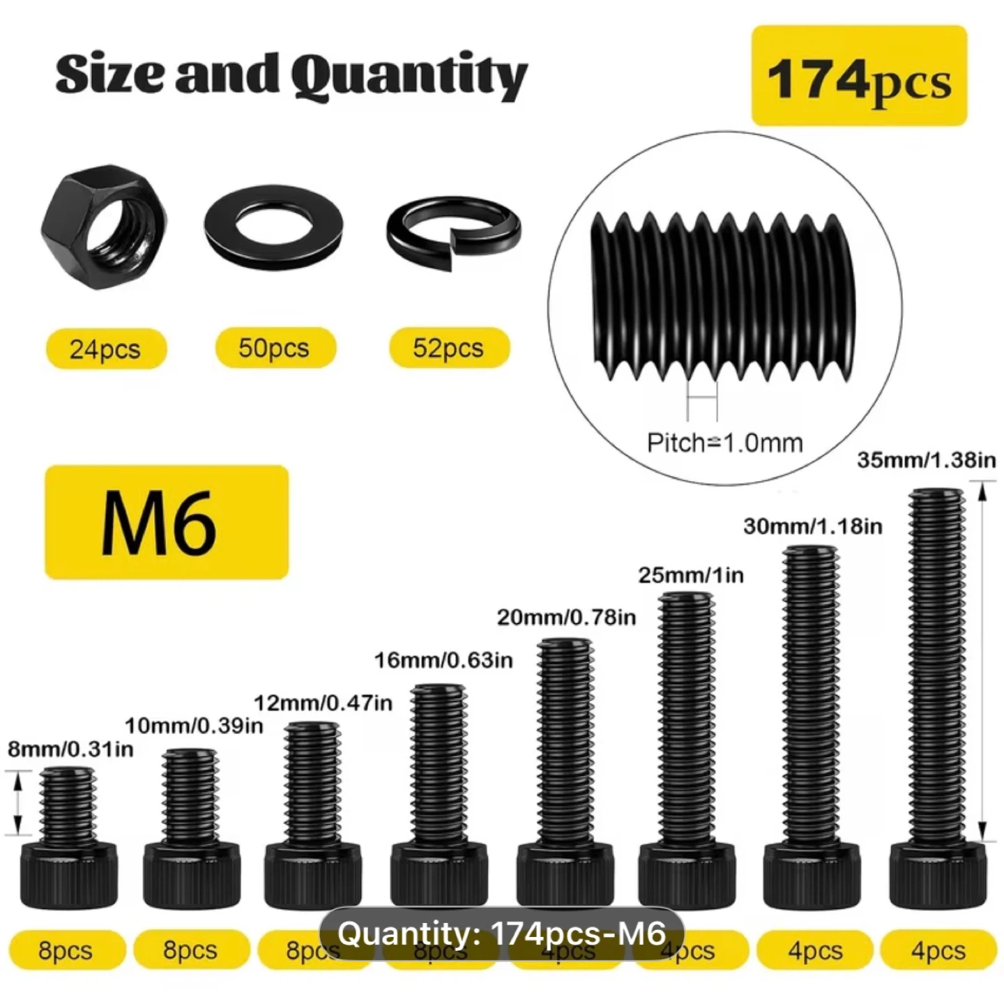 174pcs M6 Hex Socket Head Cap Bolt, Nut & Washer Assortment Kit - photo 3