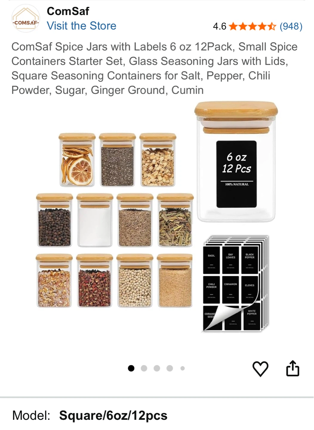 ComSaf 6 oz Glass Spice Jars with Lids and Labels, 12 Pack