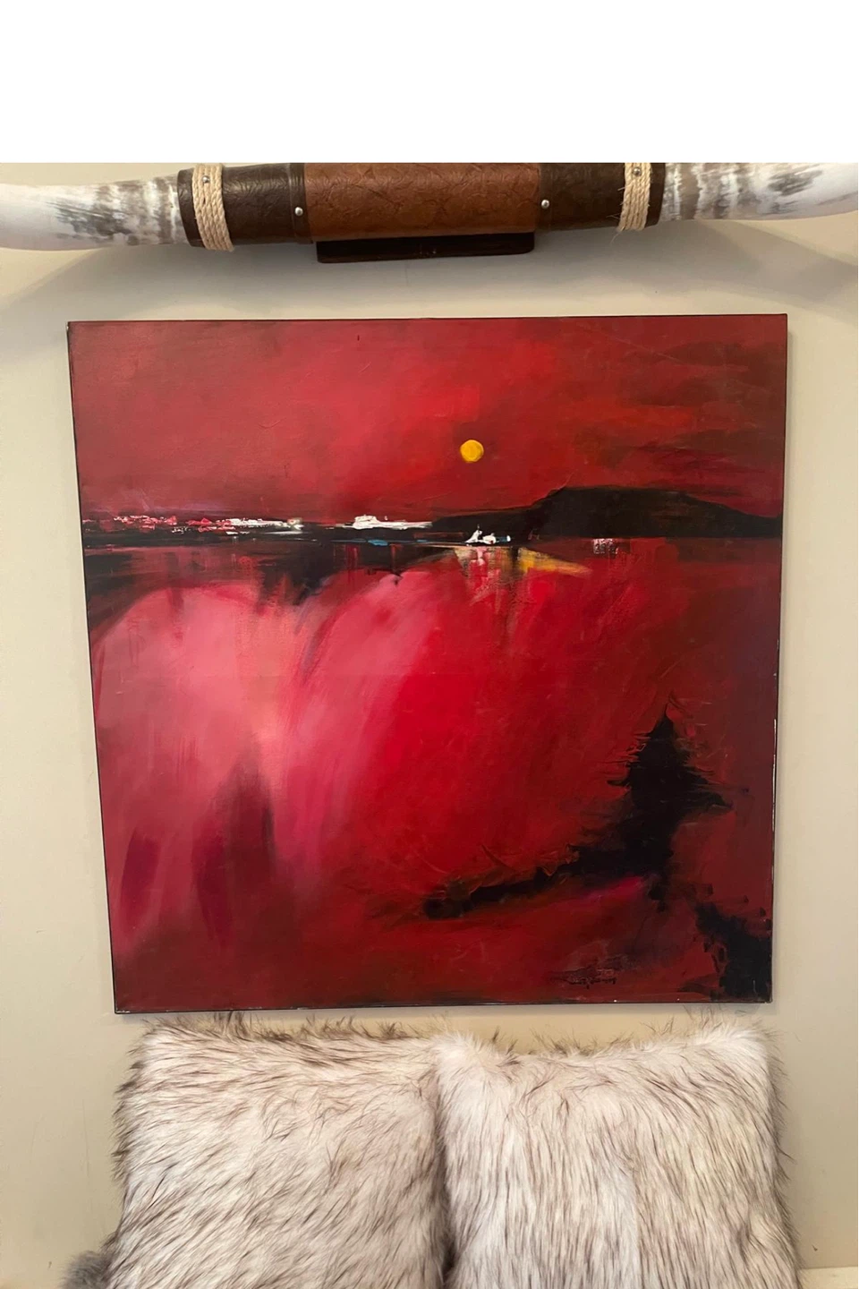 Vibrant Red Abstract Landscape Painting