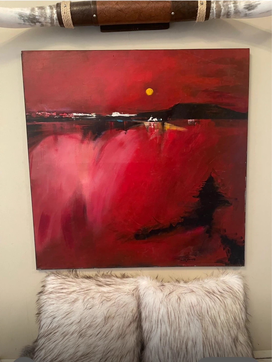 Vibrant Red Abstract Landscape Painting - photo 2