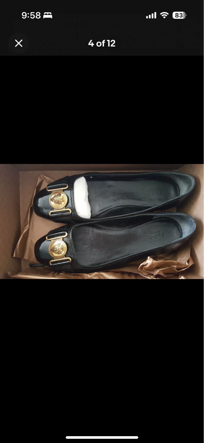 GUCCI 7.5B FLATS Brass Logo Buckle Patent Leather Round-Toe - photo 5