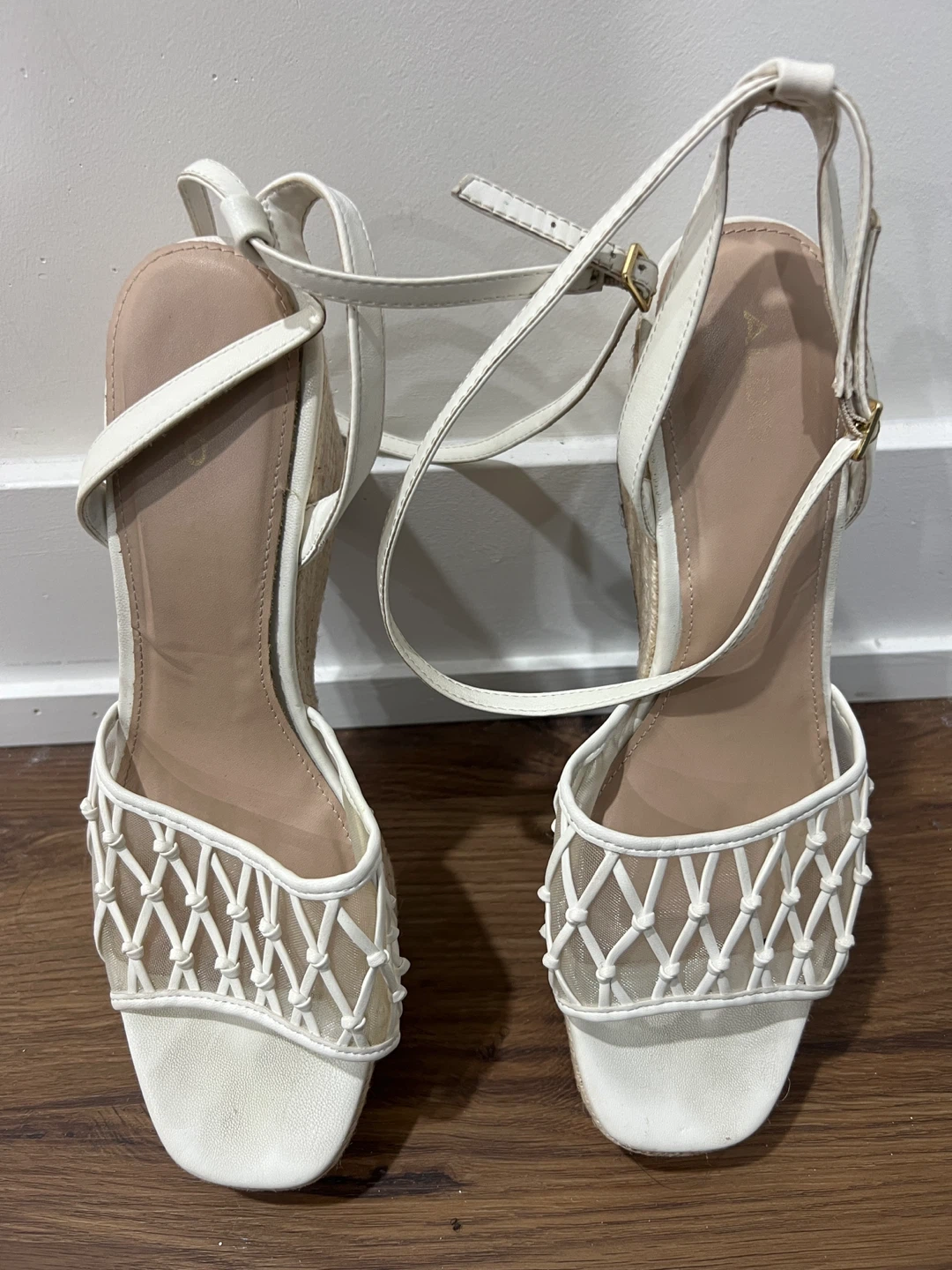 White Espadrille Wedge Sandals with Mesh Detail
