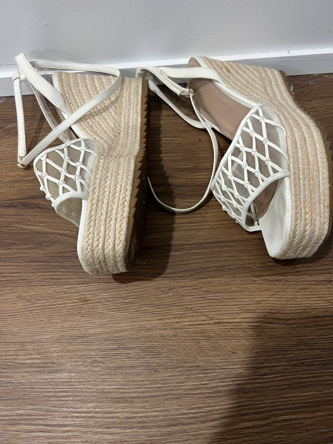 White Espadrille Wedge Sandals with Mesh Detail - photo 2