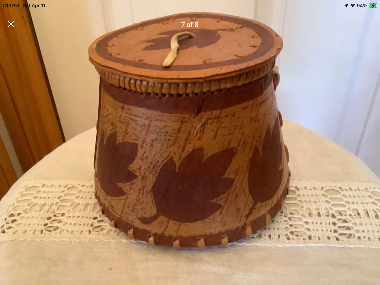 Vtg Indigenous Hd Crafted Birch Bark & Leather Basket - photo 4
