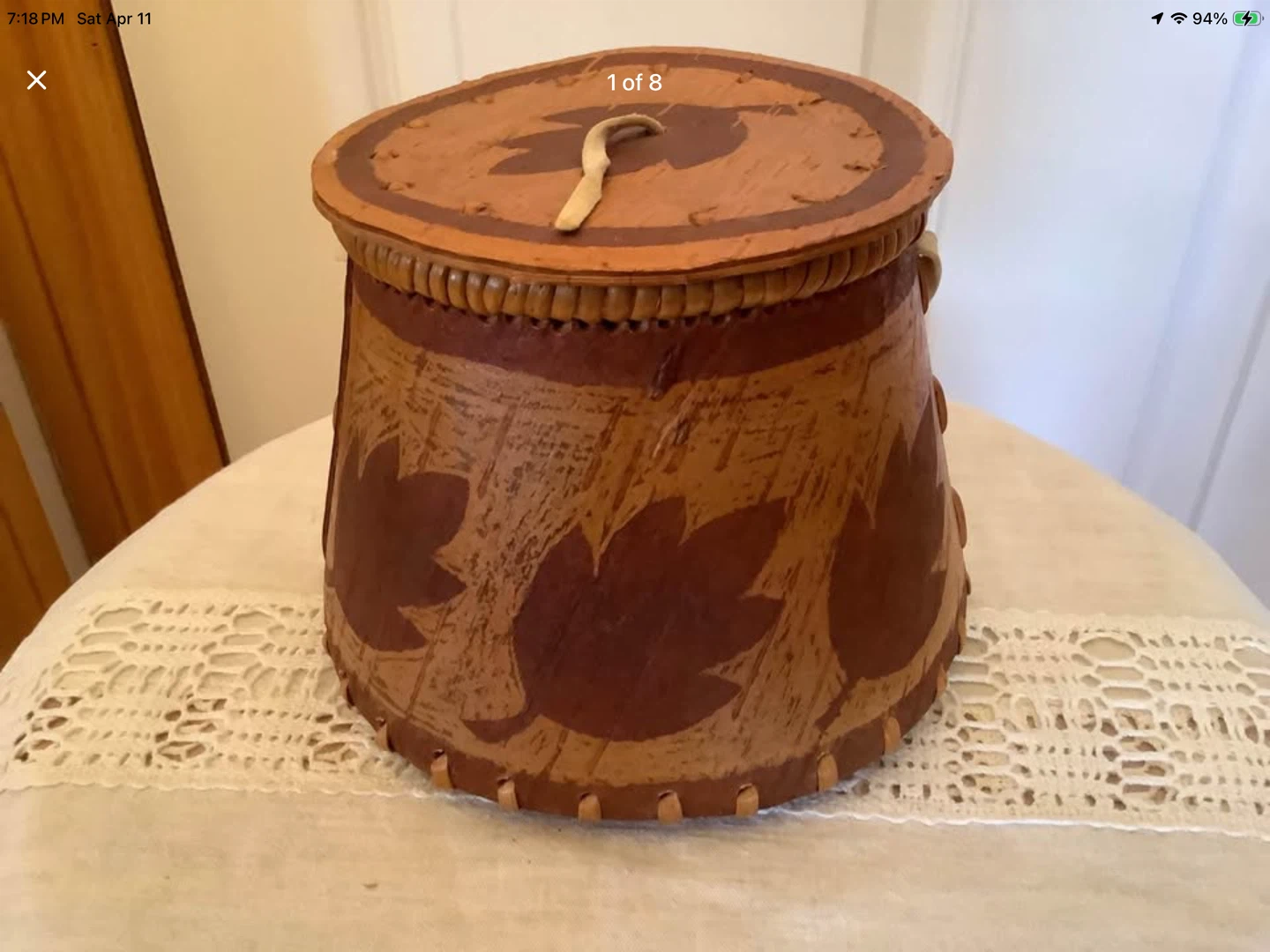 Vtg Indigenous Hd Crafted Birch Bark & Leather Basket