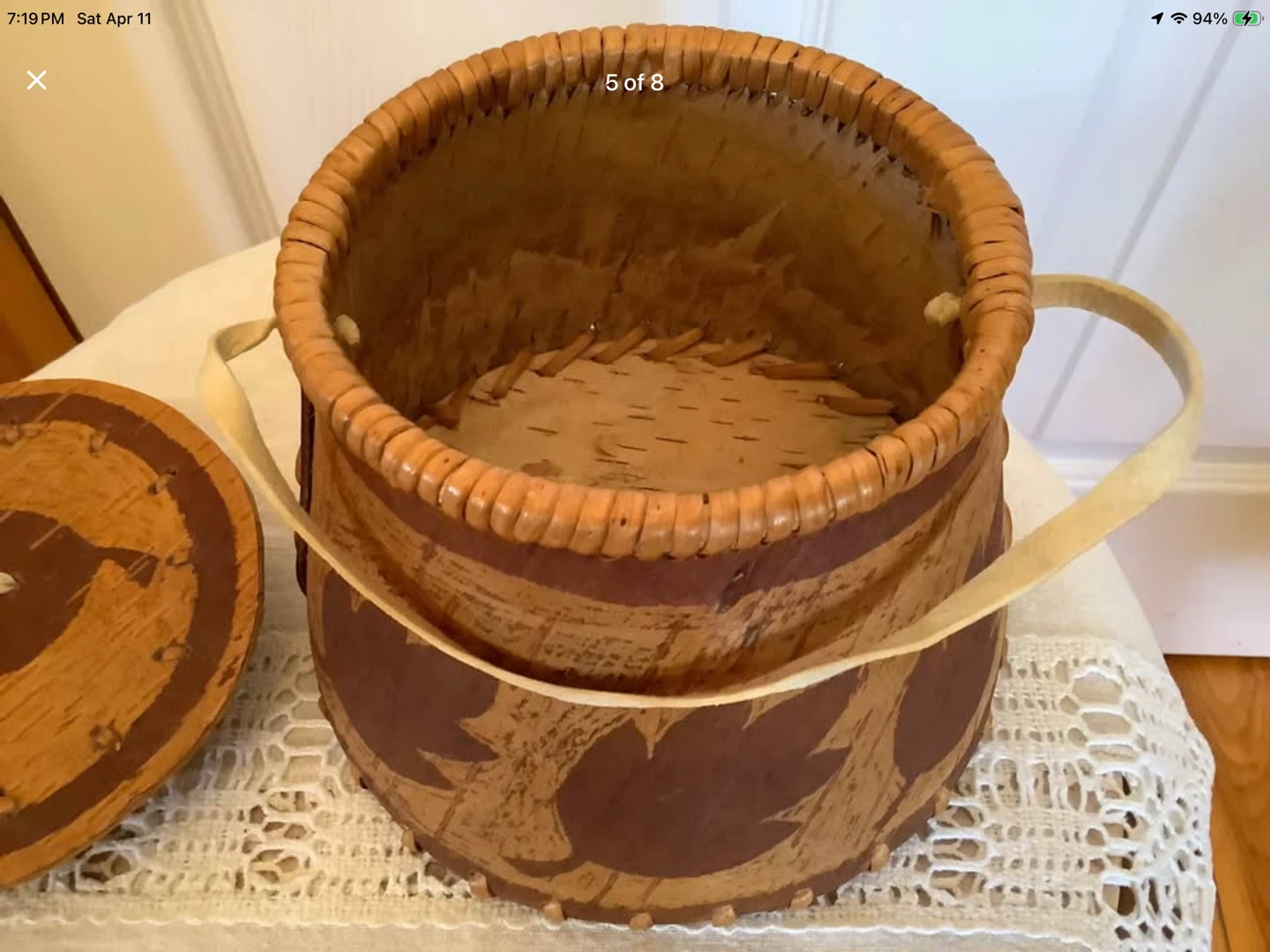 Vtg Indigenous Hd Crafted Birch Bark & Leather Basket - photo 5