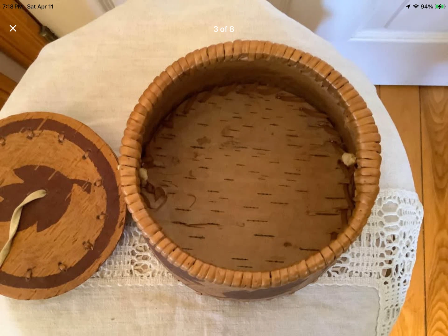 Vtg Indigenous Hd Crafted Birch Bark & Leather Basket - photo 3