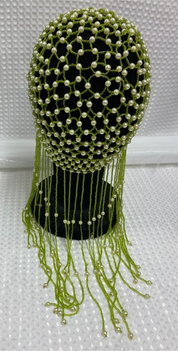Green beaded cap with pearl fringe - photo 3