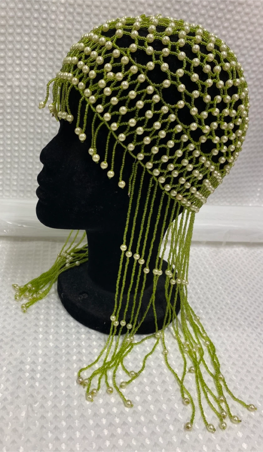 Green beaded cap with pearl fringe - photo 2