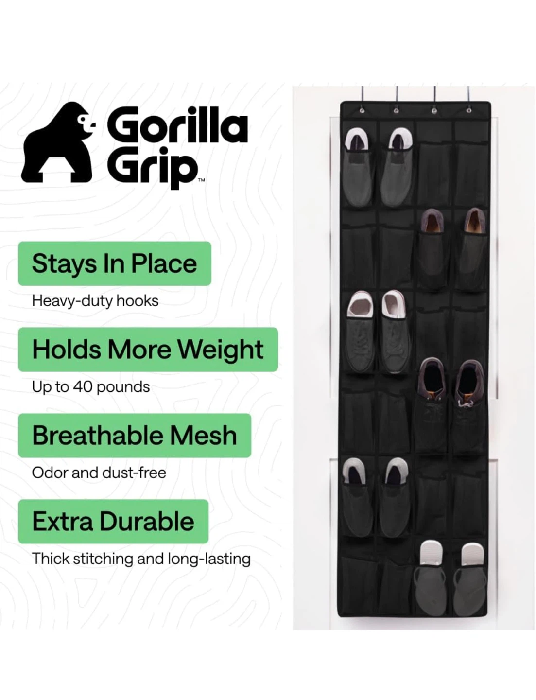 Gorilla Grip Black Over-the-Door Shoe Organizer with 24 Pockets
