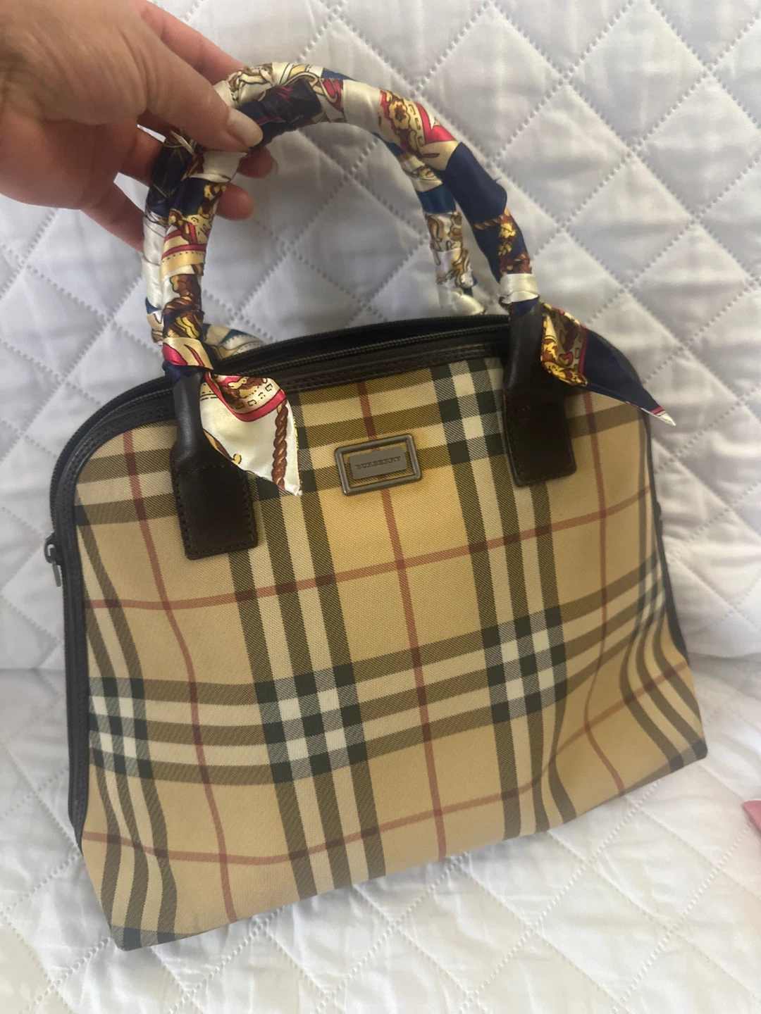 Burberry Haymarket Check Canvas Satchel Bag with Scarf Handles
