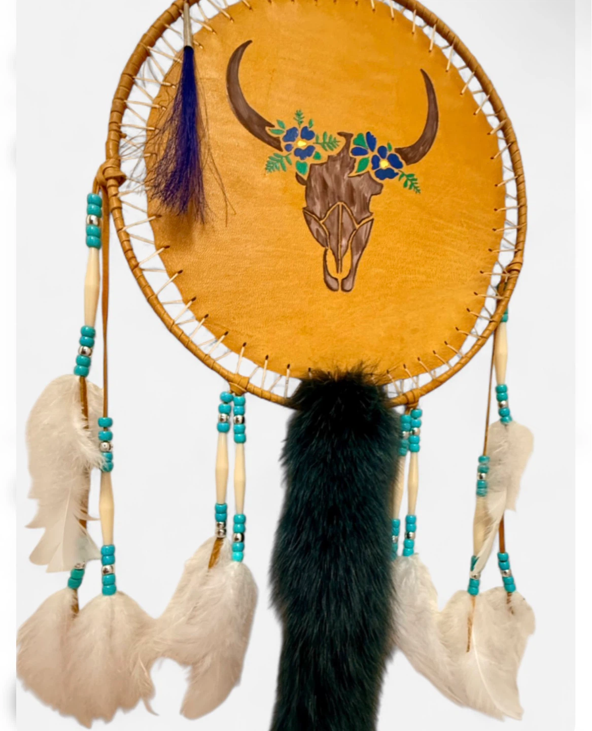 Handmade Indigenous Painted Dream Catcher with Fox Tail Fur - photo 2