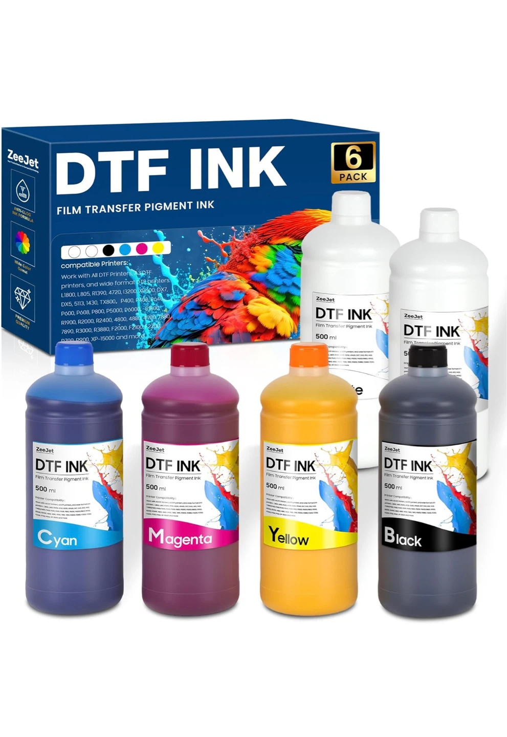ZeeJet DTF Film Transfer Pigment Ink 6 Pack
