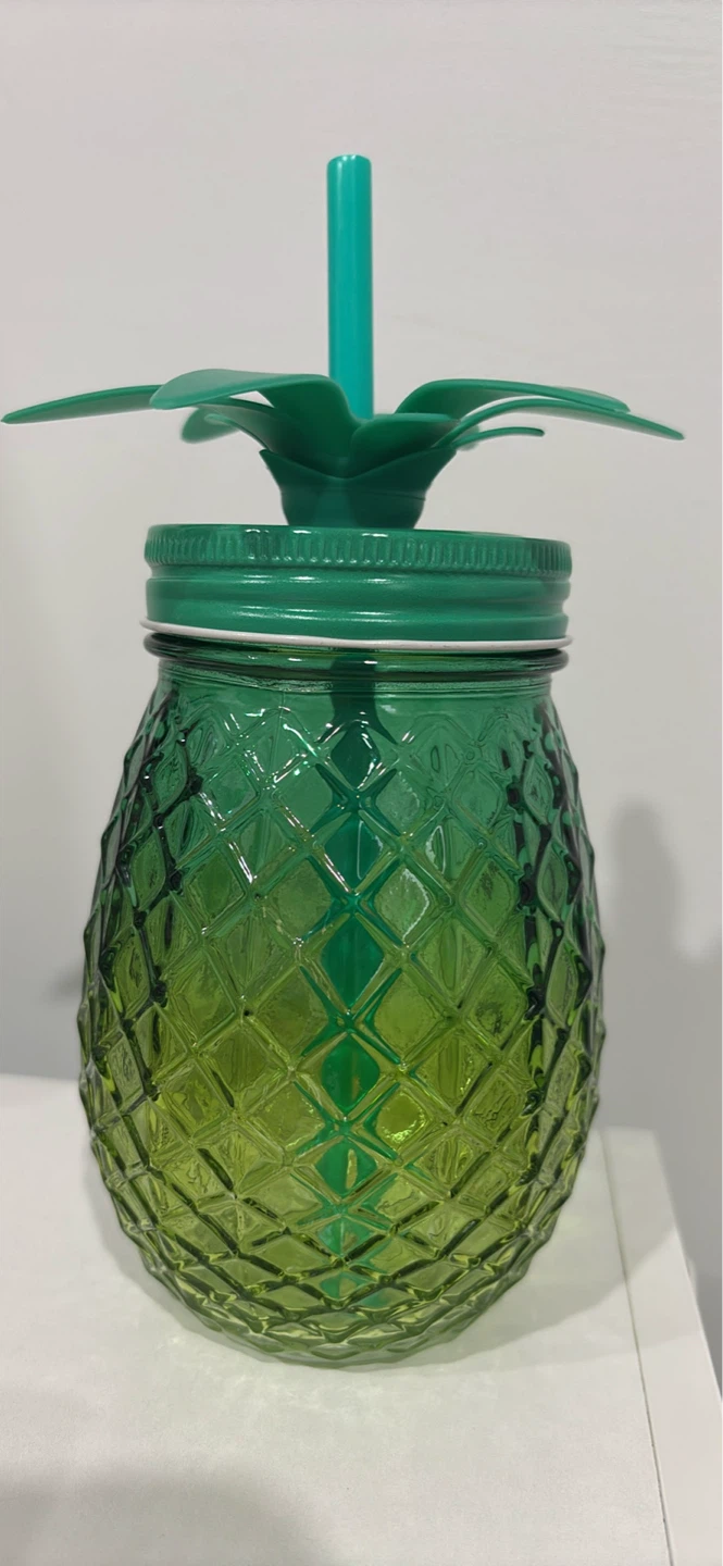 Green Pineapple Glass Tumbler with Straw