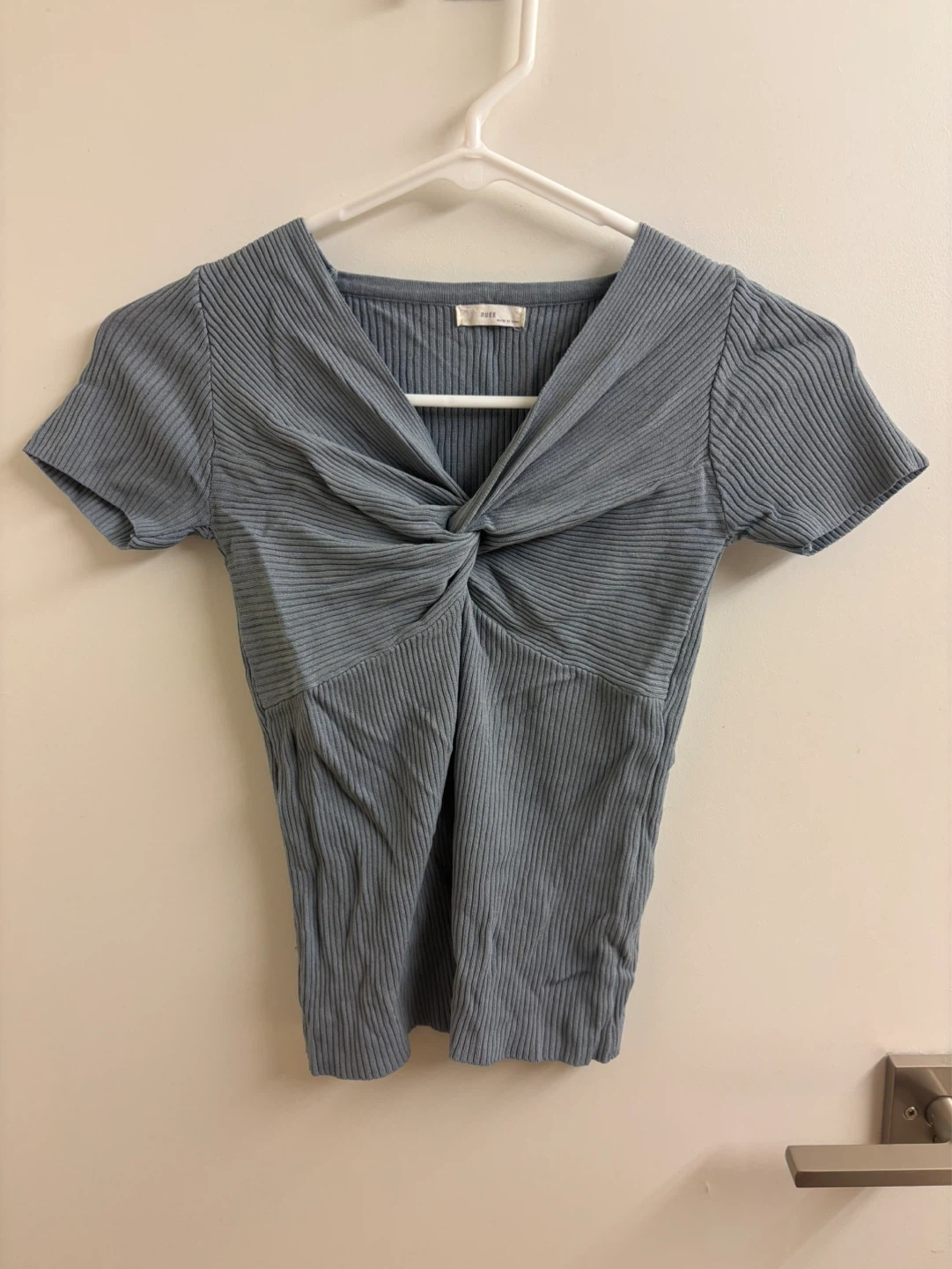 Blue Ribbed Twist Front Top