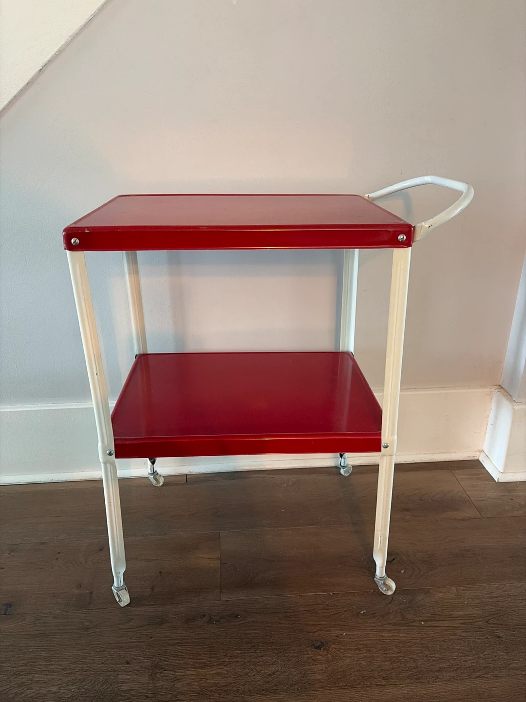 Red and White Two-Tier Serving Cart with Wheels