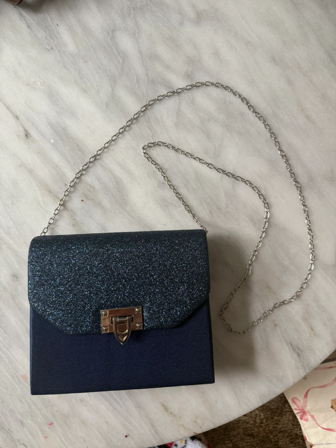 Navy Blue Glitter Evening Clutch with Silver Chain