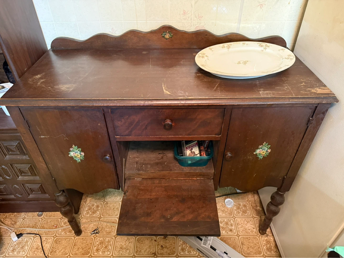 Antique Wooden Sideboard with Floral Decal