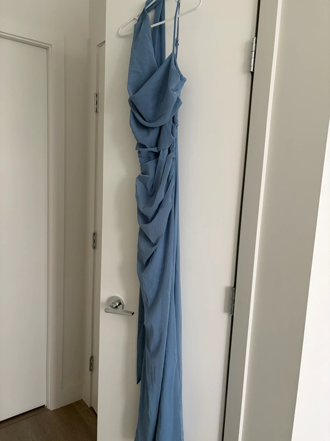 Baby Blue Mesh Halter Neckline Ruched Maxi Dress - XS - photo 3