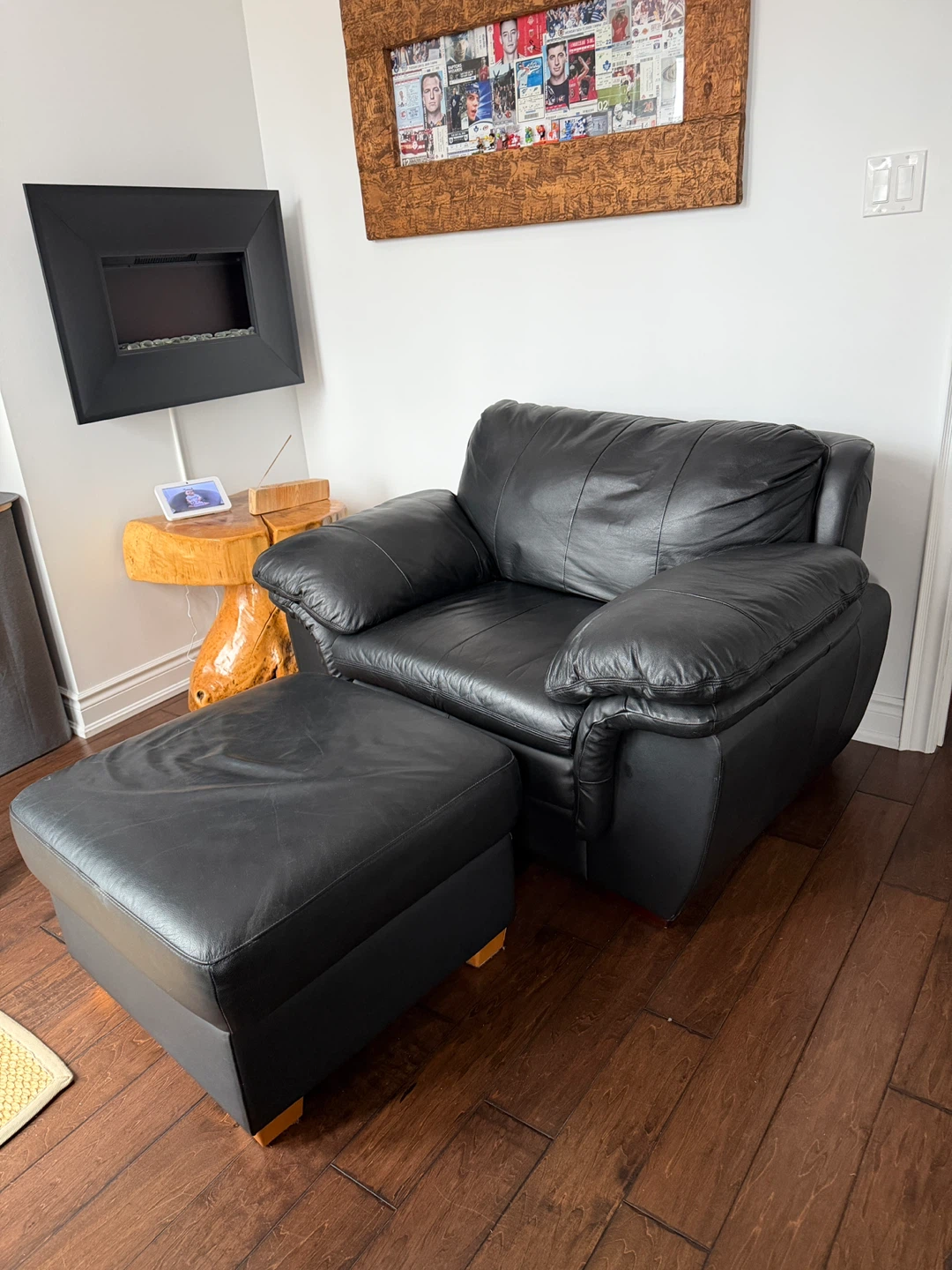 Black Leather Armchair and Ottoman Set