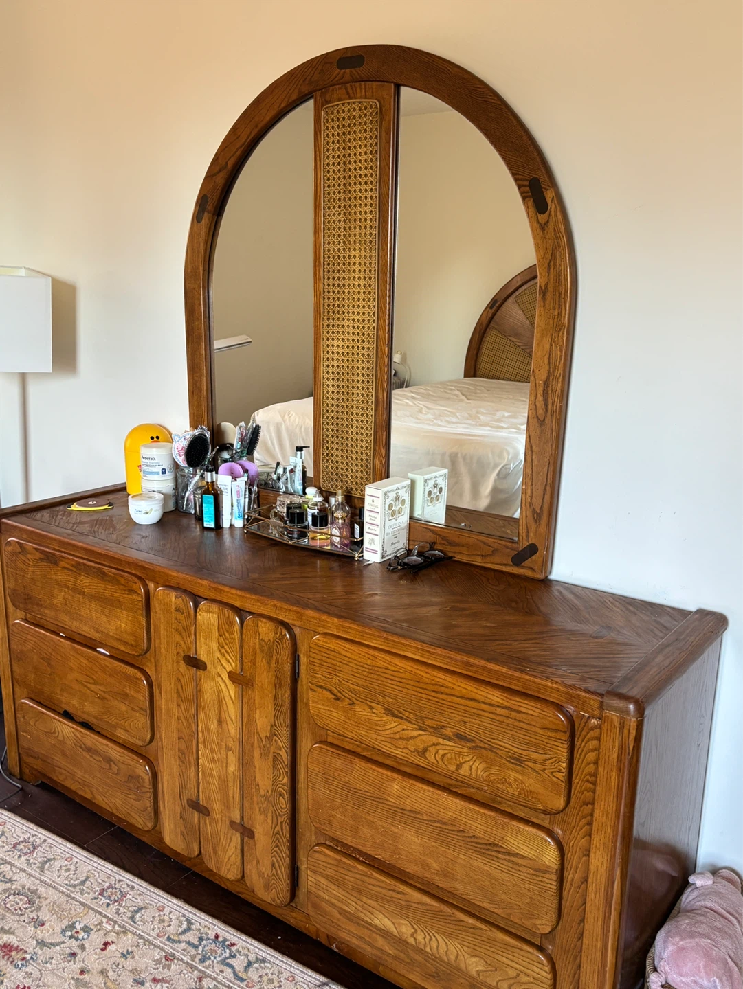 Vintage Wood Dresser with Mirror and Cane Accents