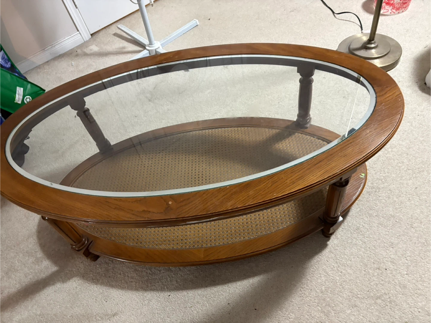 Oval Coffee Table with Glass Top and Cane Shelf - photo 3