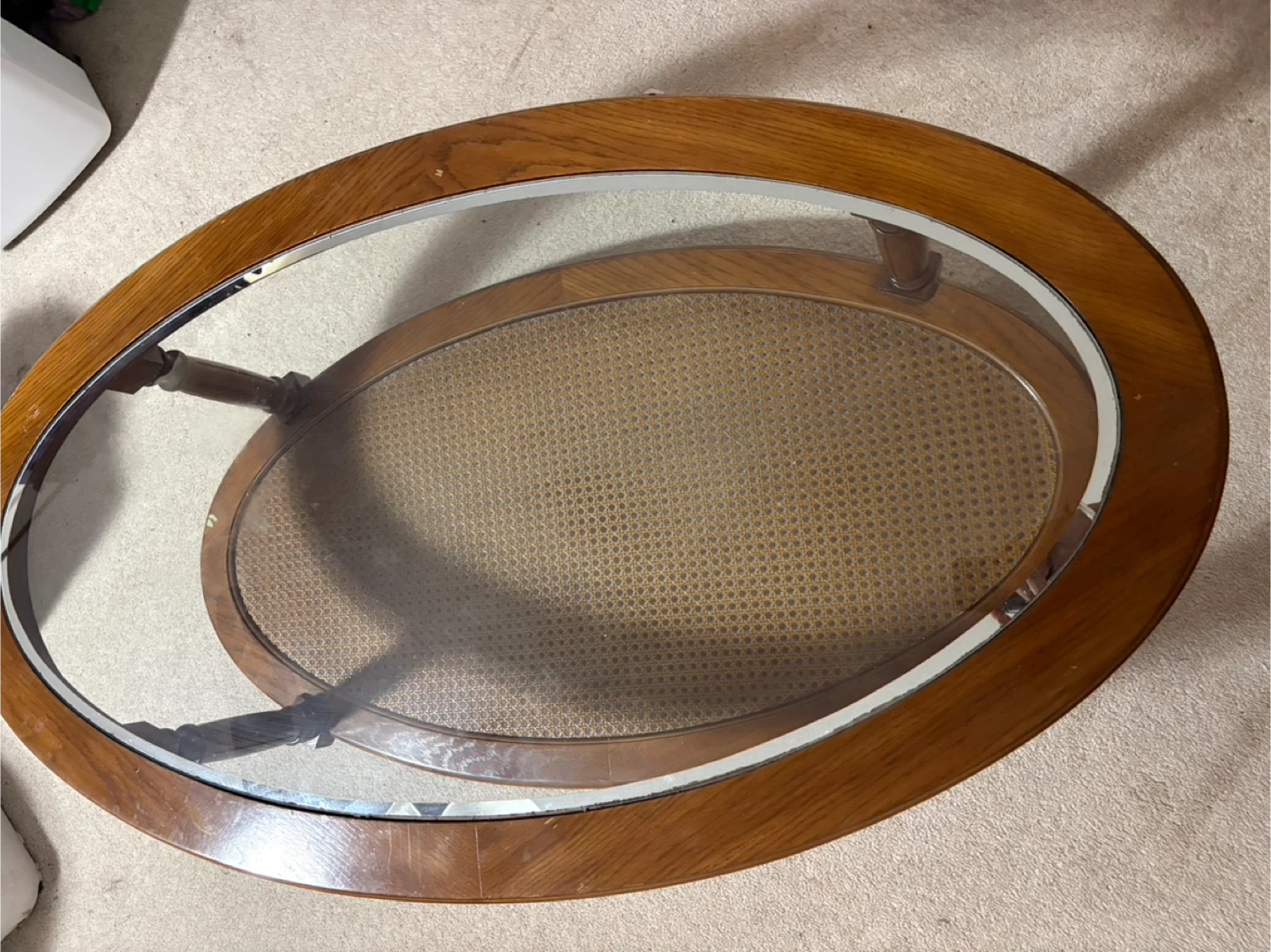 Oval Coffee Table with Glass Top and Cane Shelf