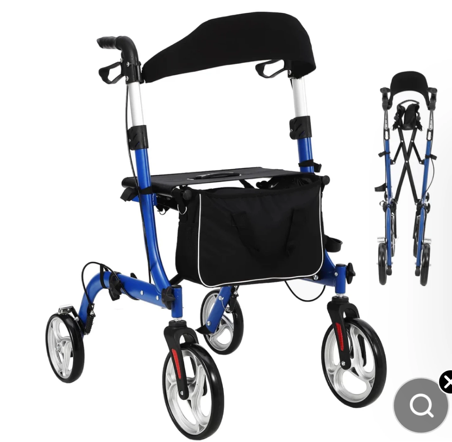 Blue 4-Wheel Walker with Seat and Bag