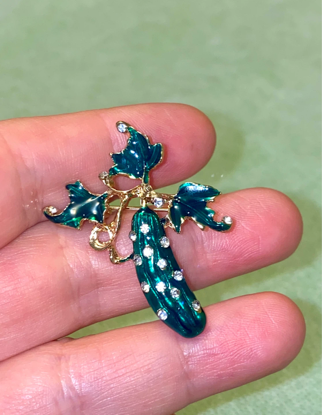 Enamel Cucumber Brooch with Rhinestones