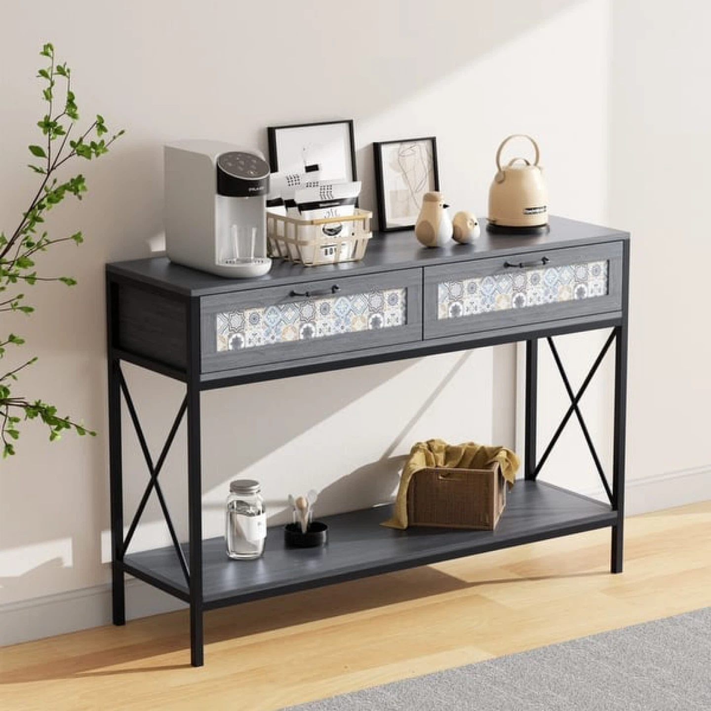 Mixoy 46" Grey Console Table W/Floral-Pattered Drawers - photo 3