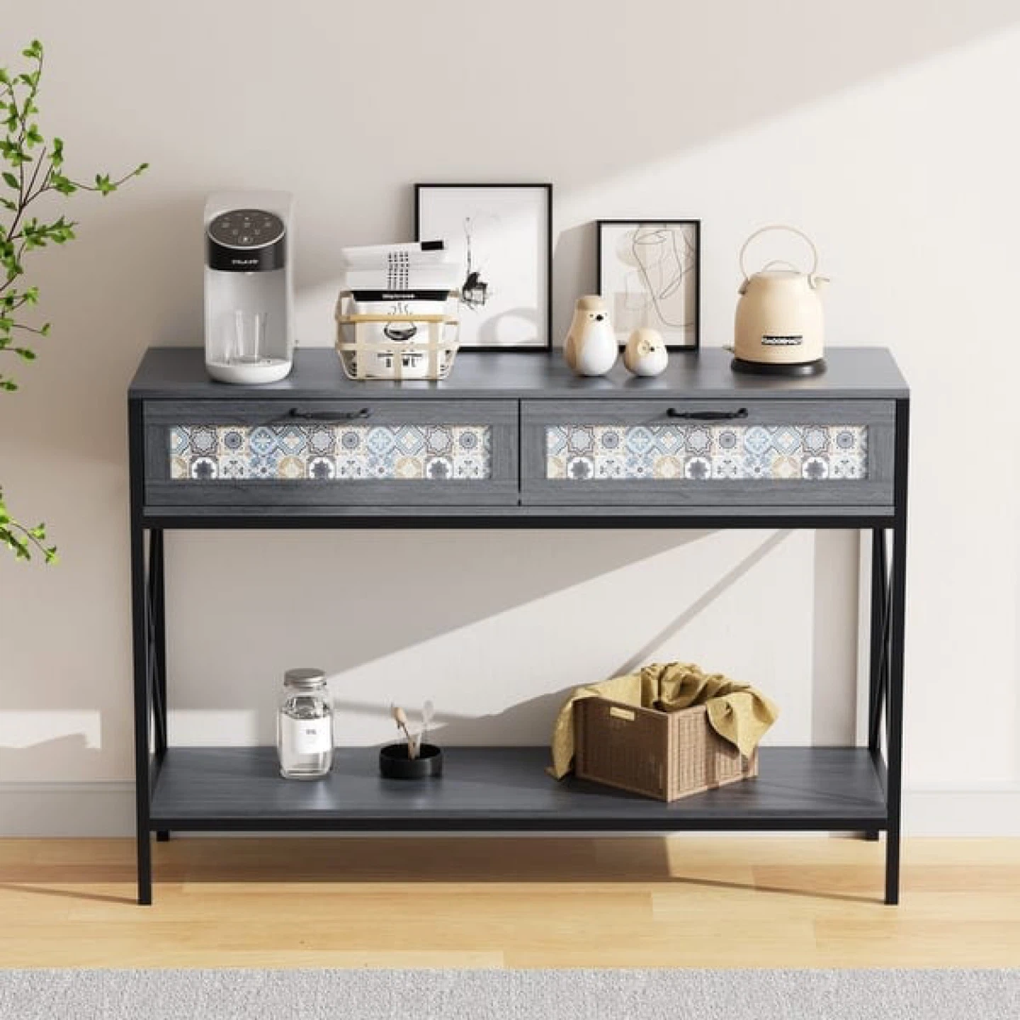 Mixoy 46" Grey Console Table W/Floral-Pattered Drawers - photo 2