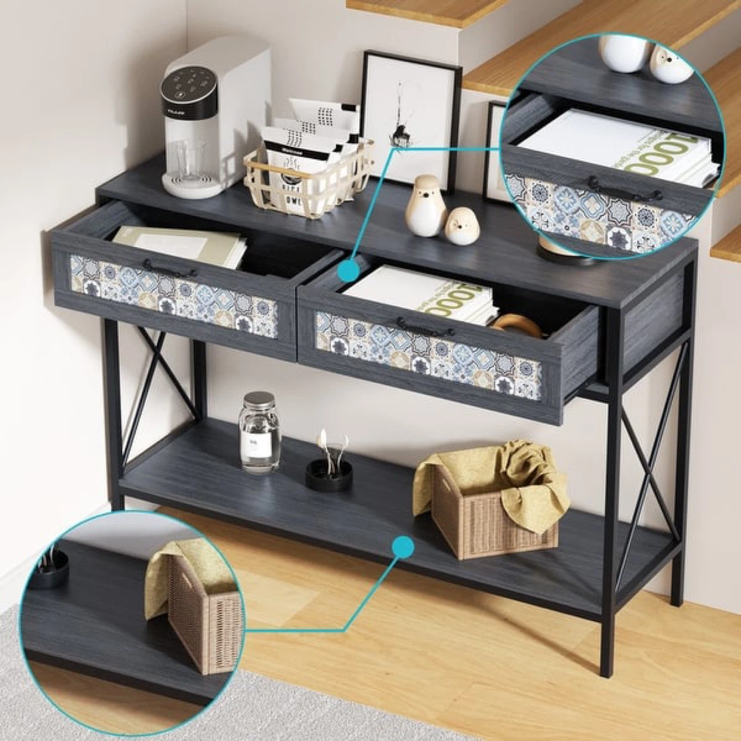 Mixoy 46" Grey Console Table W/Floral-Pattered Drawers - photo 4