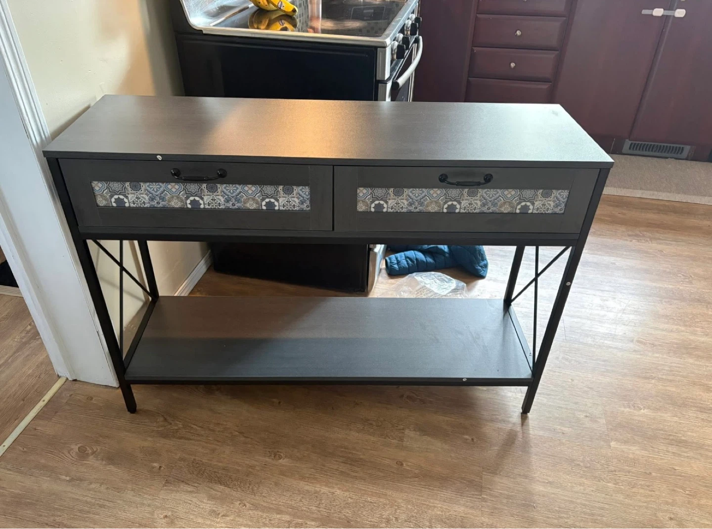 Mixoy 46" Grey Console Table W/Floral-Pattered Drawers