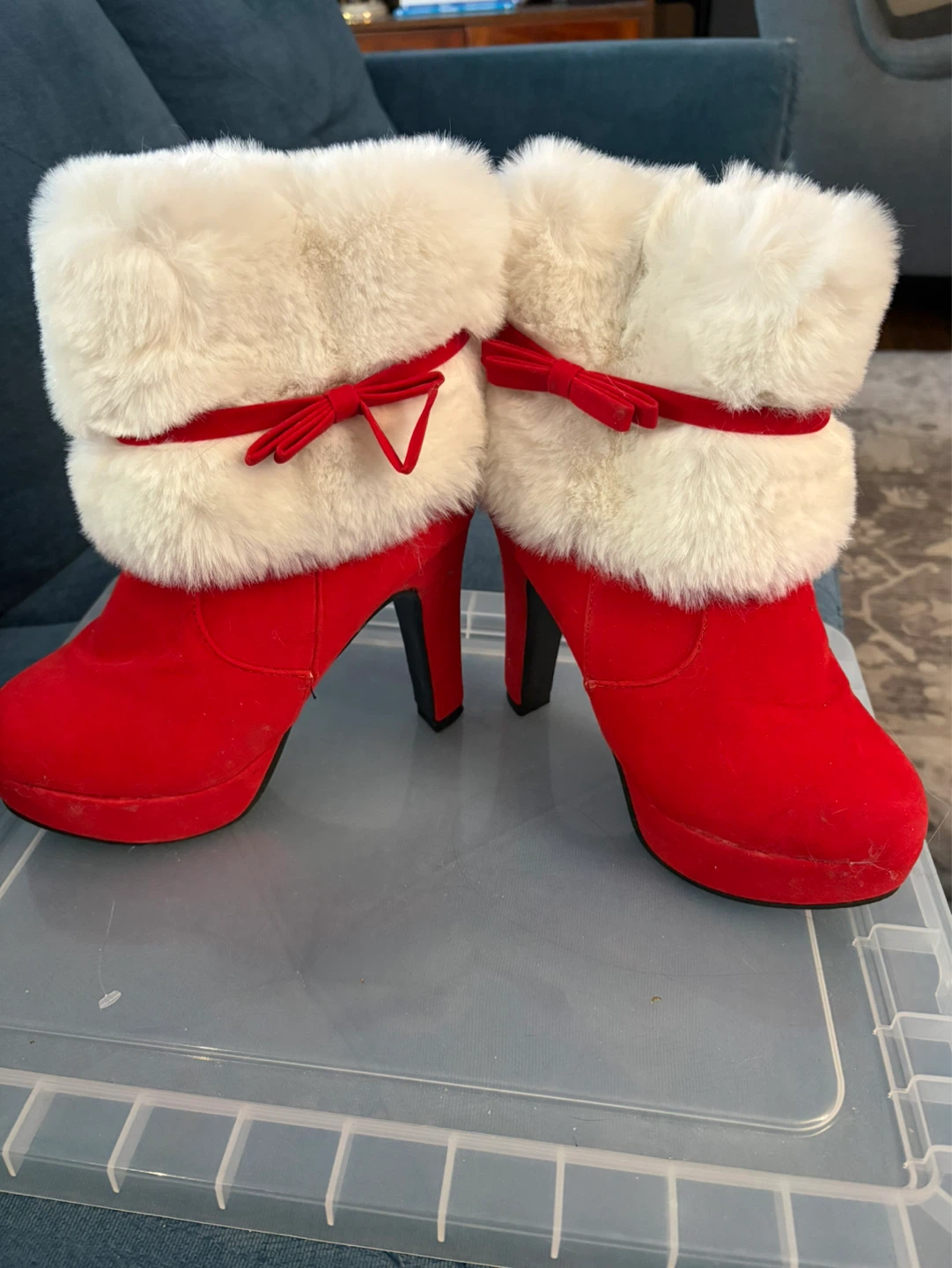 Red Santa Boots with White Faux Fur Trim and Bows
