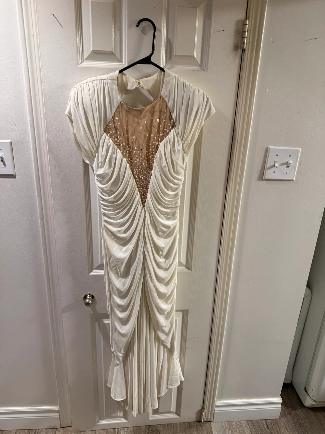 Vintage Cream Ruched Sequin Evening Dress