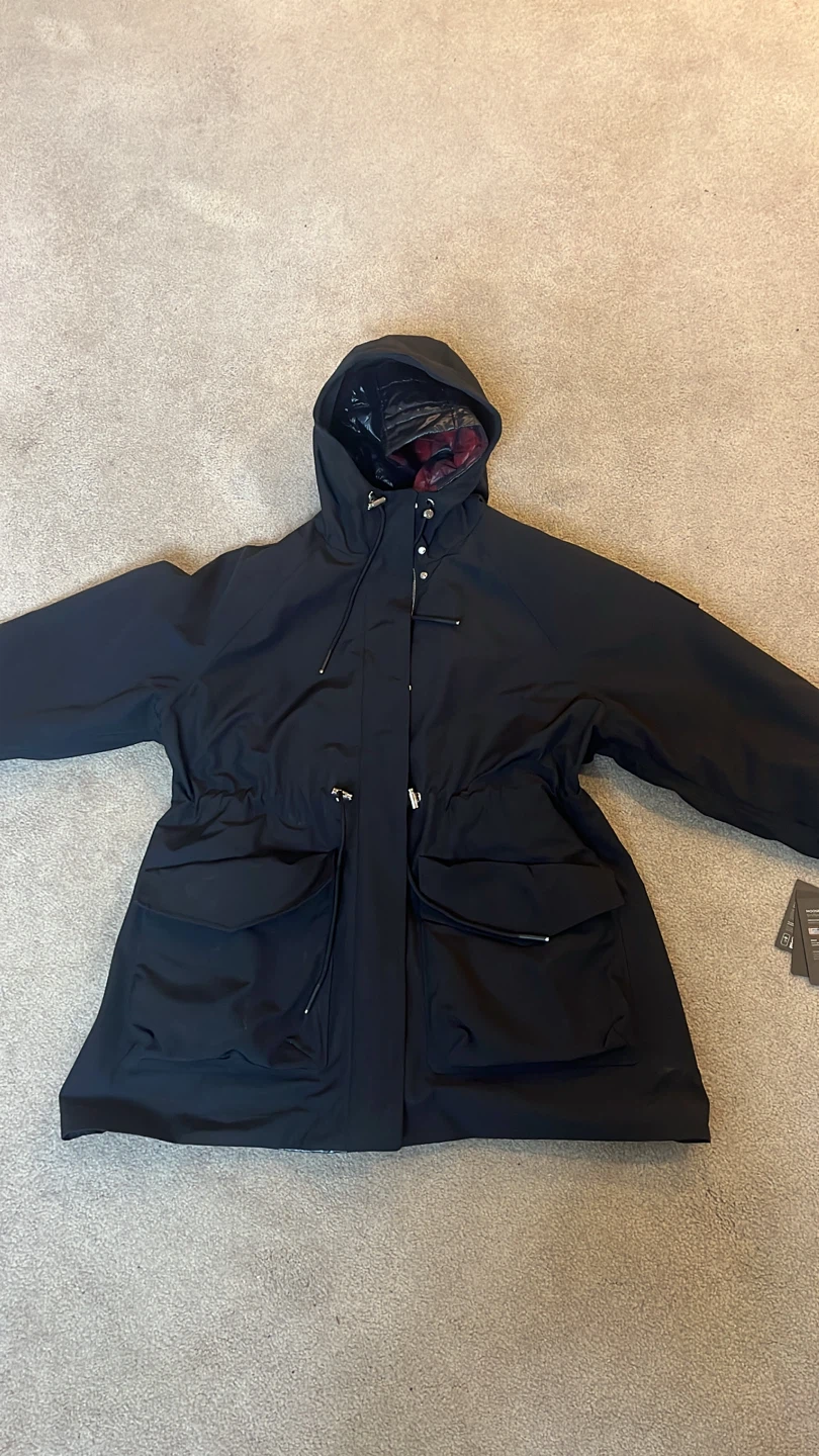 Moose Knuckles Black Parka Jacket with Red Plaid Lining