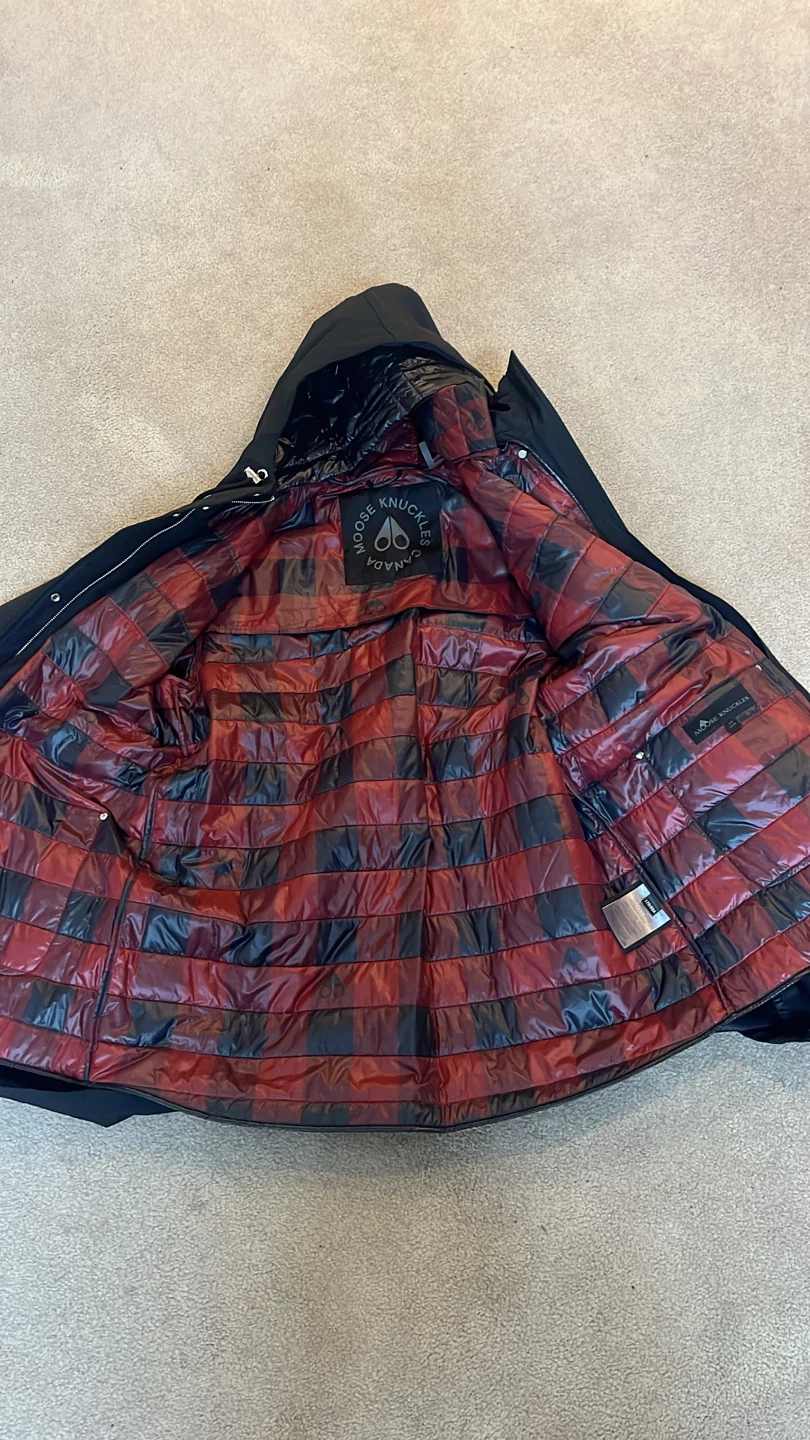 Moose Knuckles Black Parka Jacket with Red Plaid Lining - photo 4