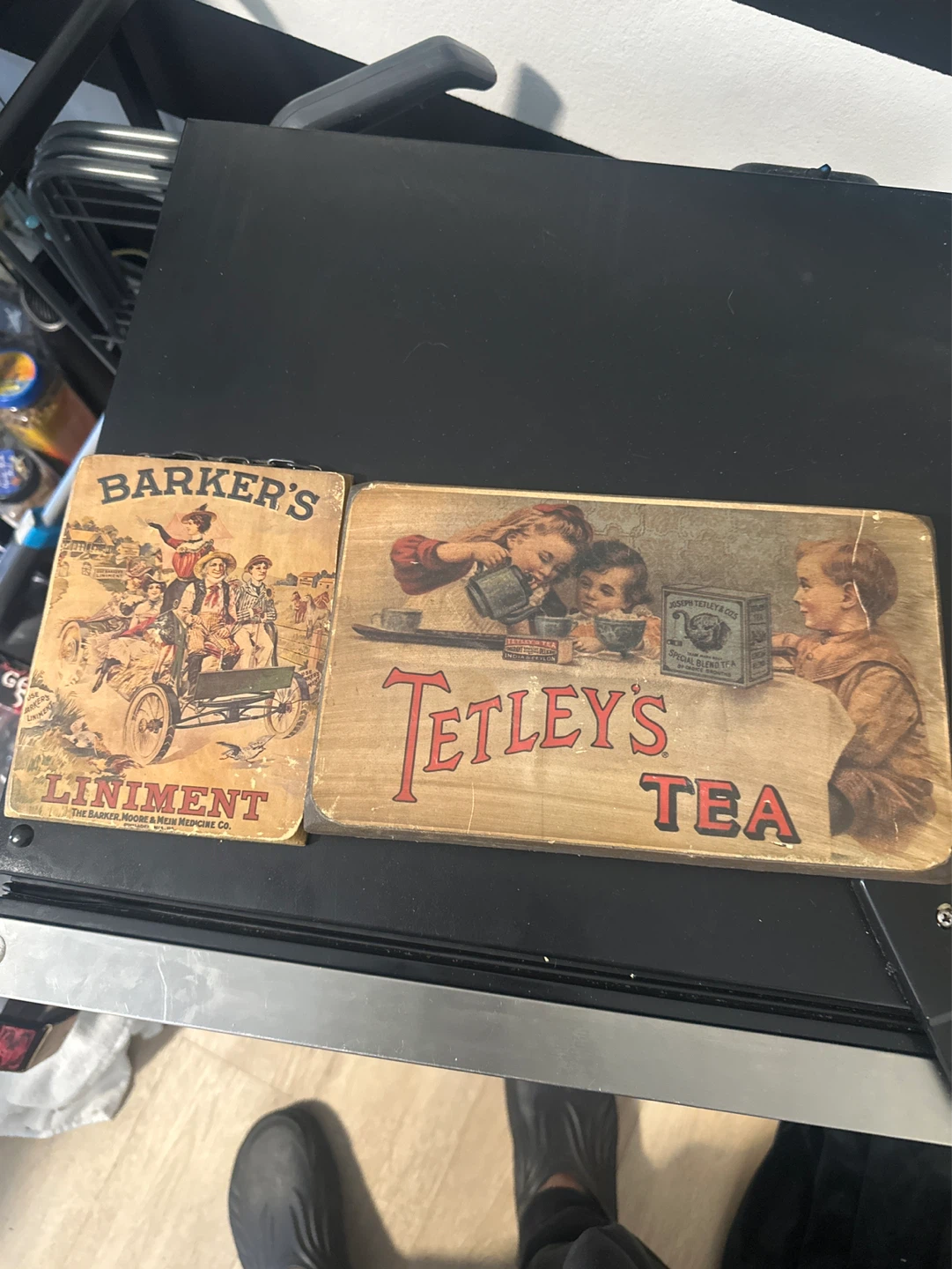 Vintage Tetley Tea and Barker's Liniment Advertising Signs