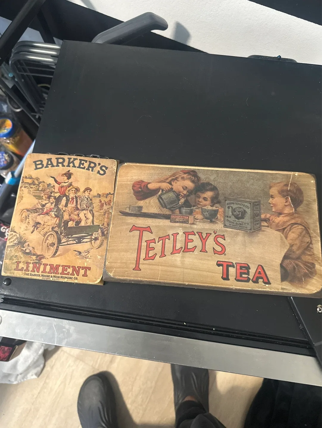 Vintage Tetley Tea and Barker's Liniment Advertising Signs