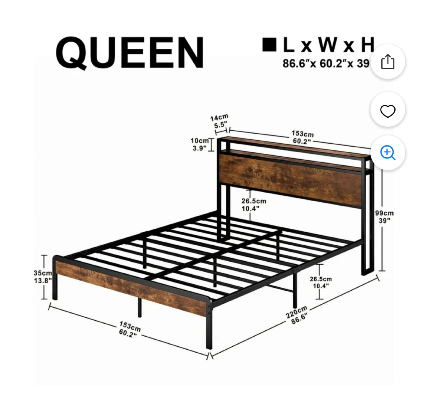 Queen Industrial Style Bed Frame with Headboard Storage